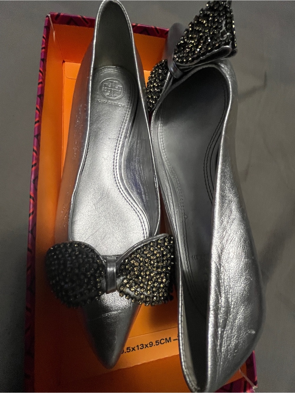 Tory Burch Metallic Silver Pointed Toe Bow Flats with Crystal Bow